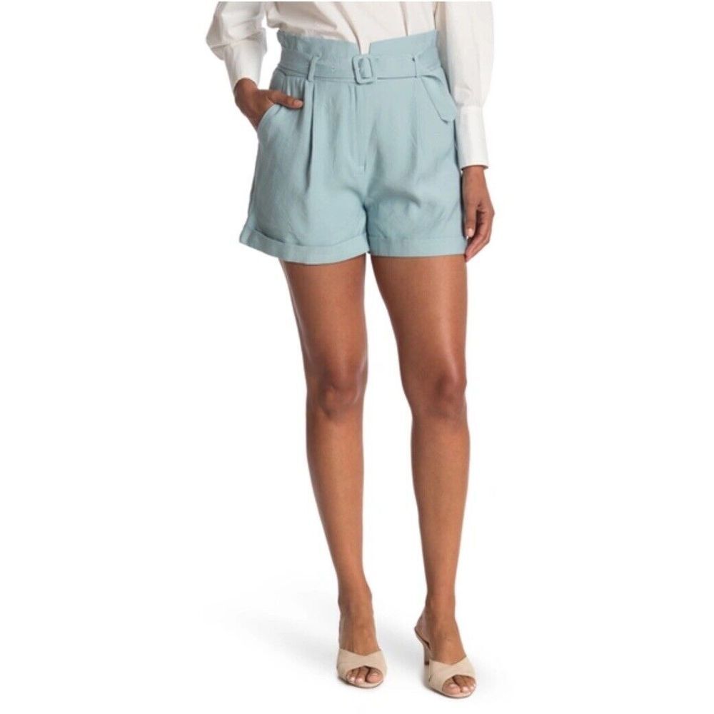 Elodie Womens Paperbag Belted High Waist Shorts in Light Blue Size Medium